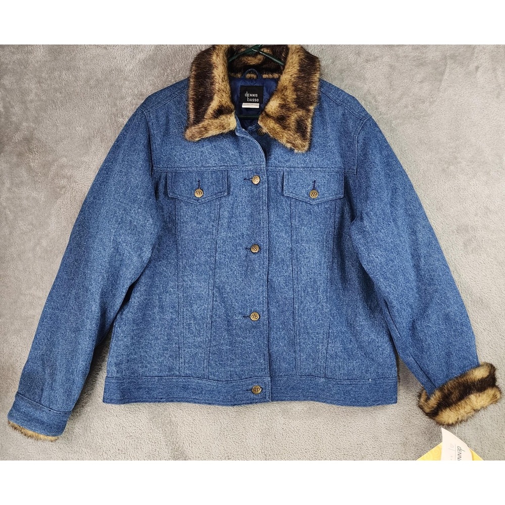 Dennis Basso Jacket Womens Large Blue Denim Faux Fur Collar Cuffs Quilted Coat